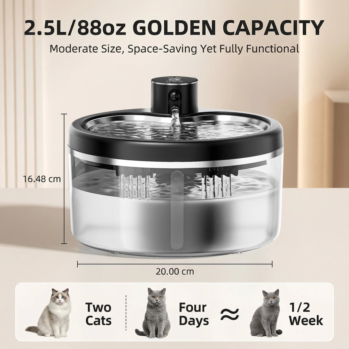 Cordless stainless steel water fountain 2.5 L