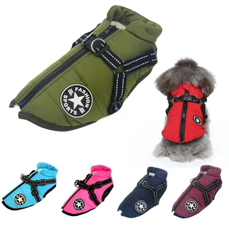 Waterproof dog coat with built-in harness