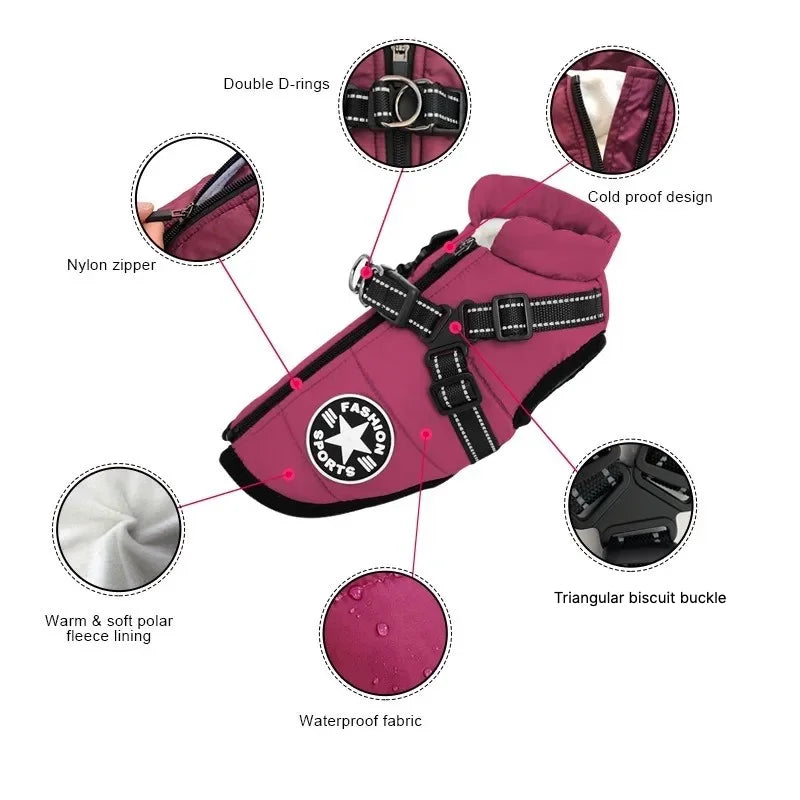 Waterproof dog coat with built-in harness
