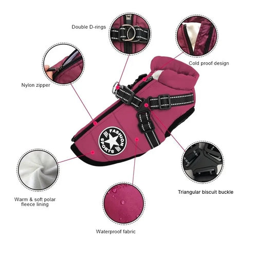 Waterproof dog coat with built-in harness