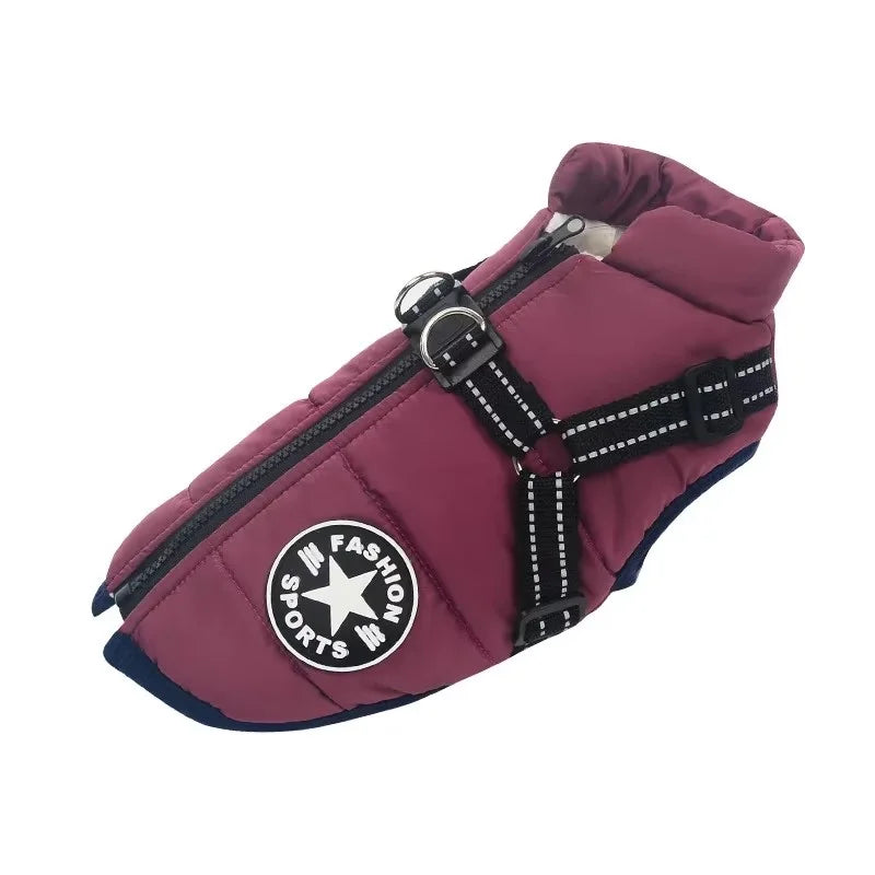 Waterproof dog coat with built-in harness