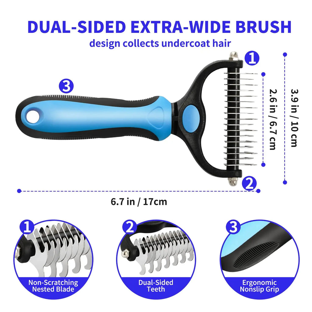 Double-sided deshedding rake for dogs and cats