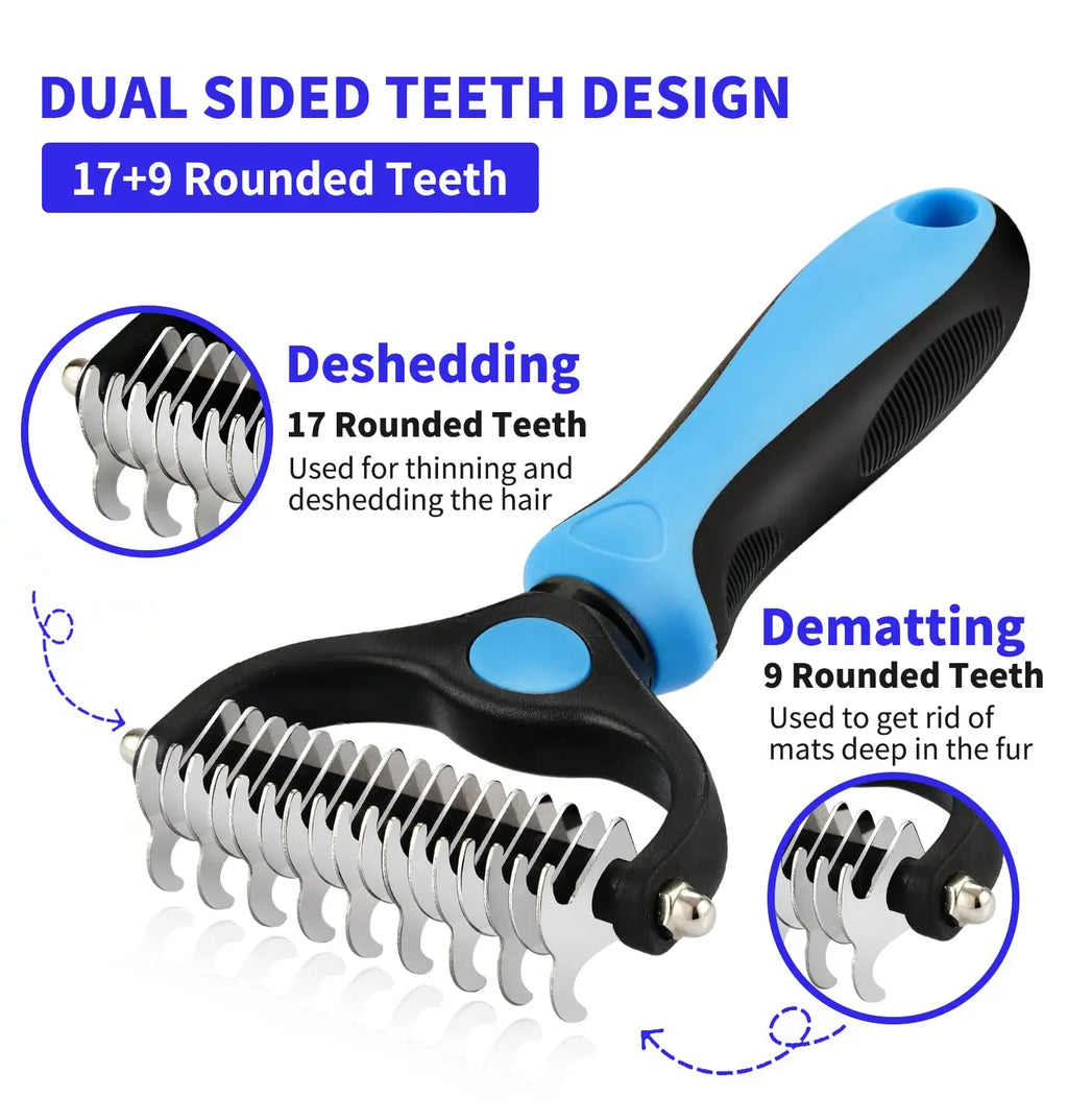 Double-sided deshedding rake for dogs and cats