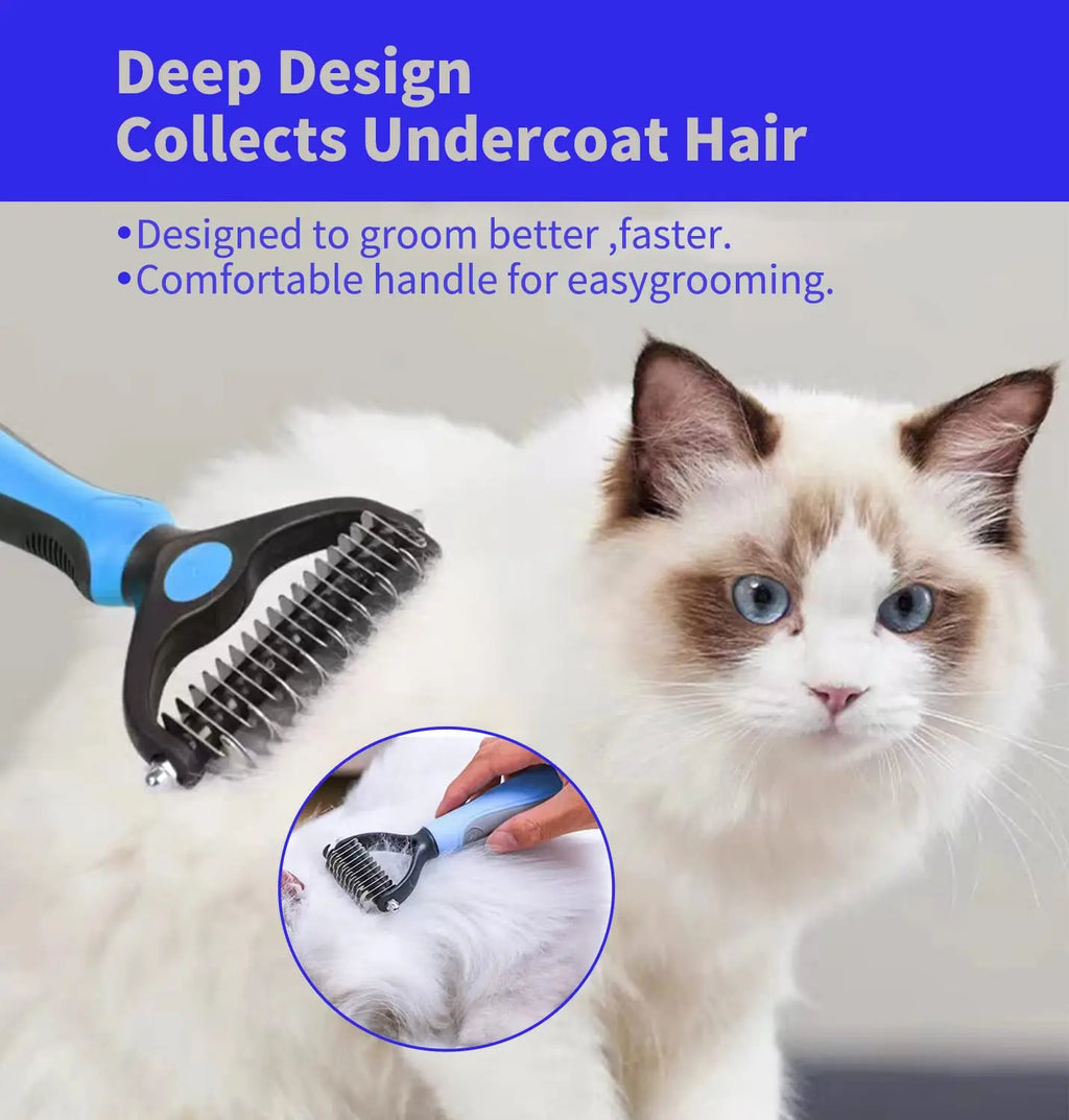 Double-sided deshedding rake for dogs and cats