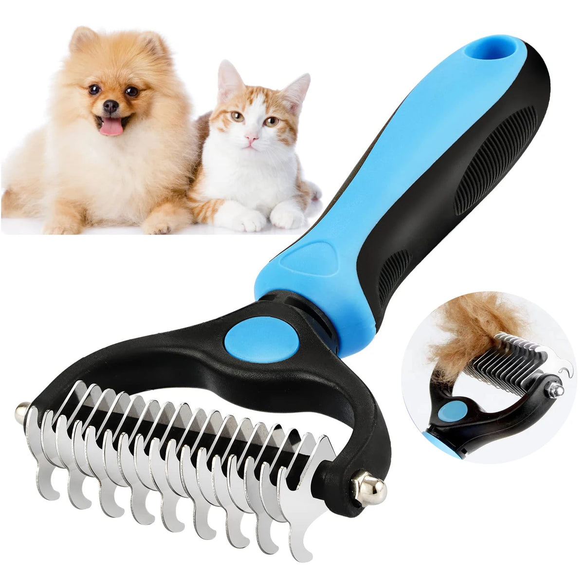 Double-sided deshedding rake for dogs and cats