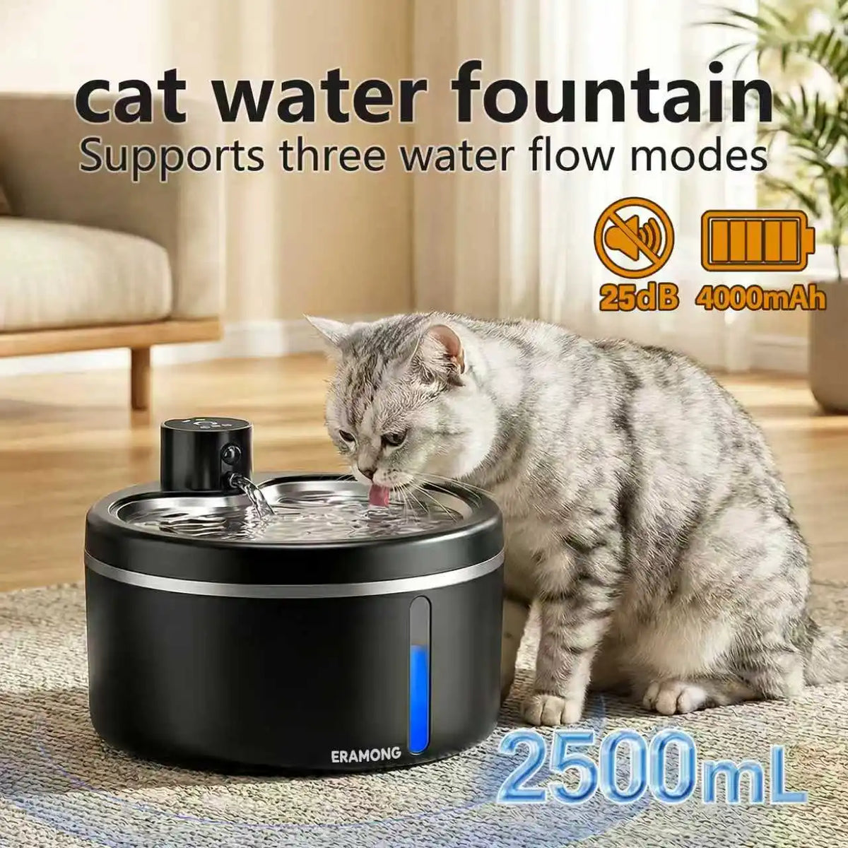 Cordless stainless steel water fountain 2.5 L