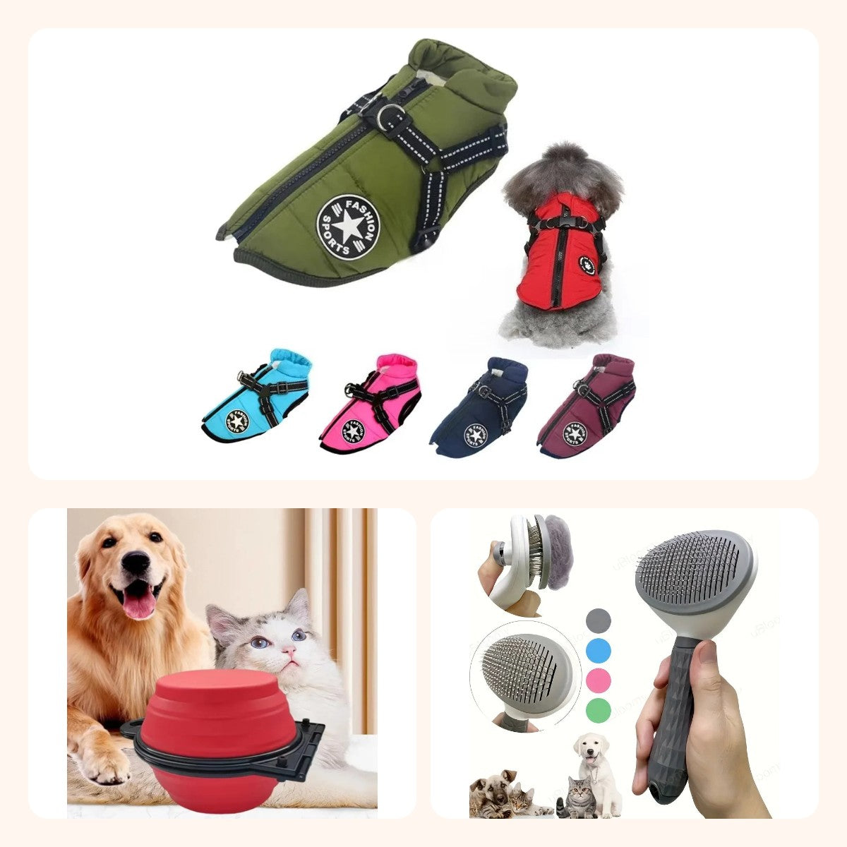 Pack Paseo urbano: abrigo con arnés + cuenco de viaje + peine
